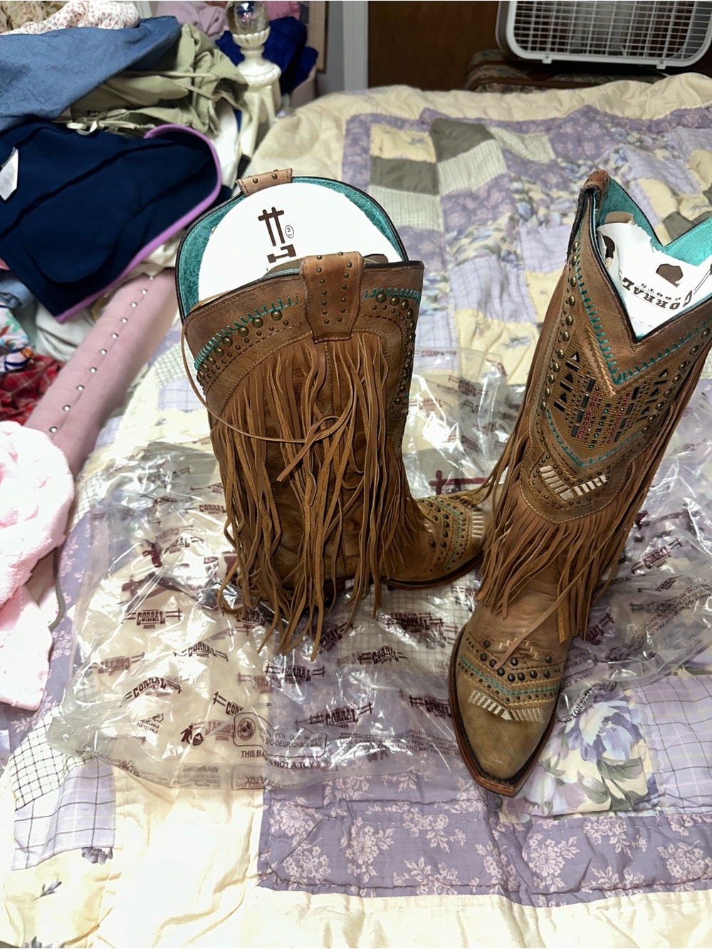 Corral Brown Leather Fringe Cowboy Boots with Turquoise Accents - Picture 4 of 10